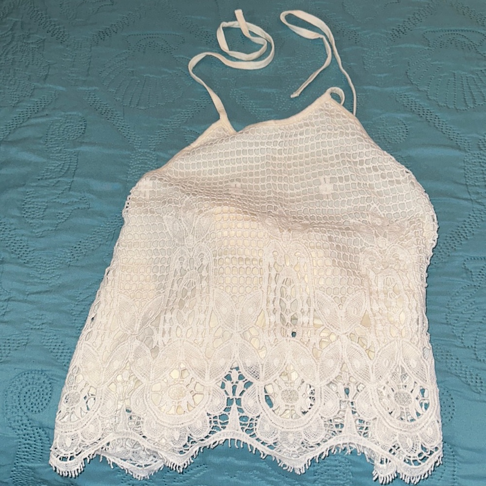 Express, ivory/cream open back tie lace halter top. Size S/P.